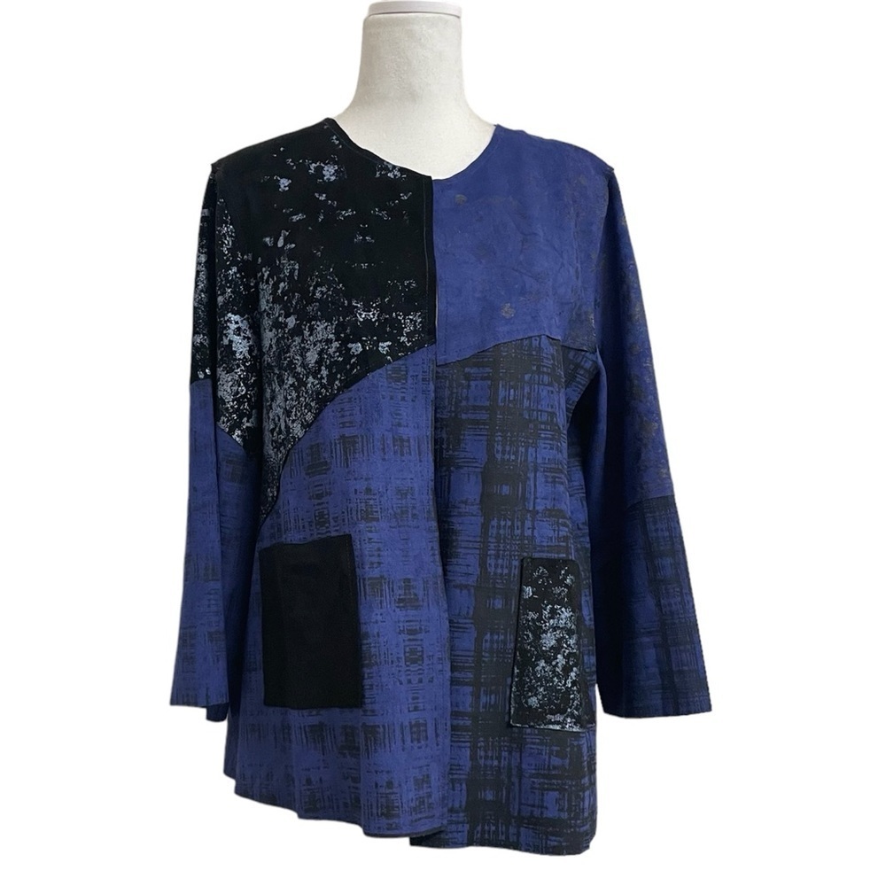 Lemon Grass Blue Abstract Painted Panel Faux Suede Open Front Cardigan